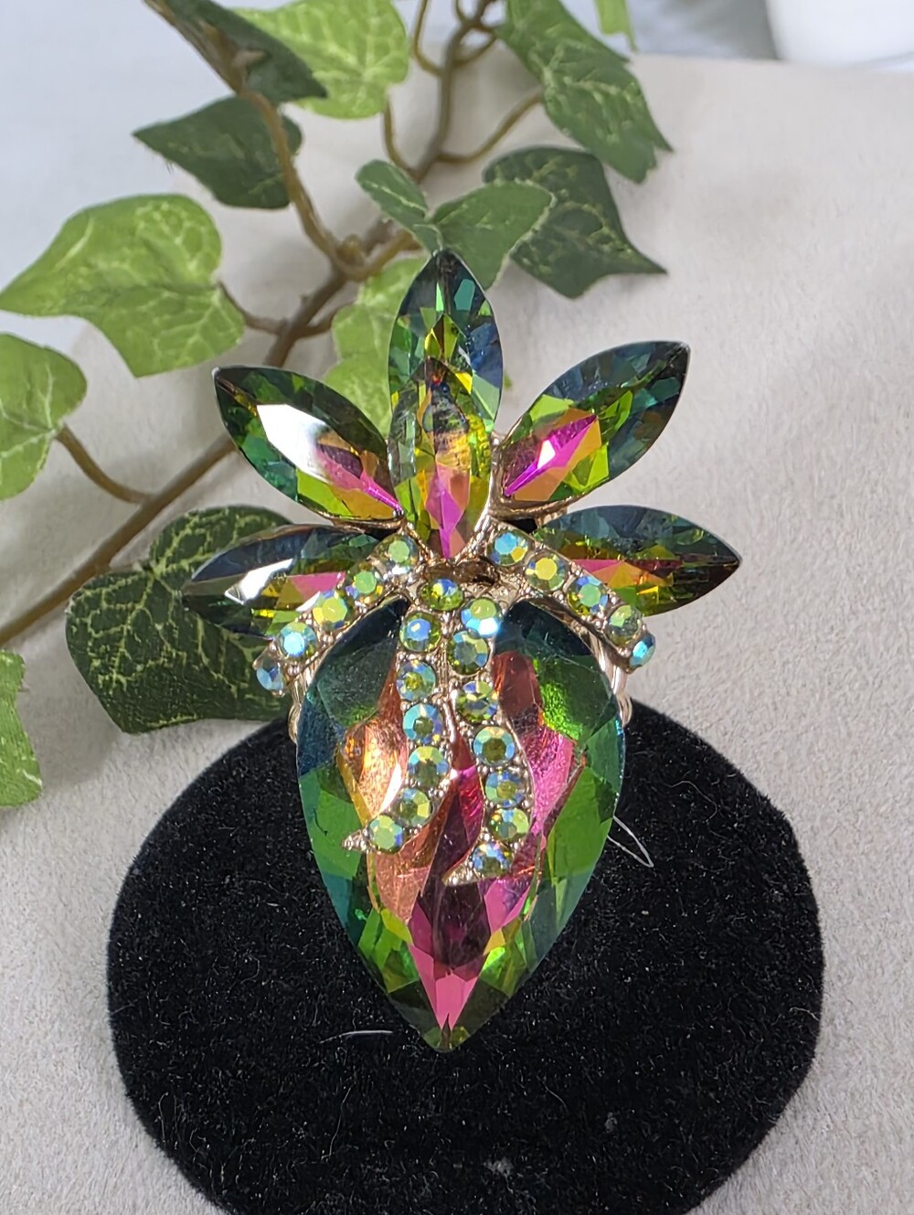 Stunning Iridescent AB Multi-Color Crystal Statement Stretch Ring Gold Tone